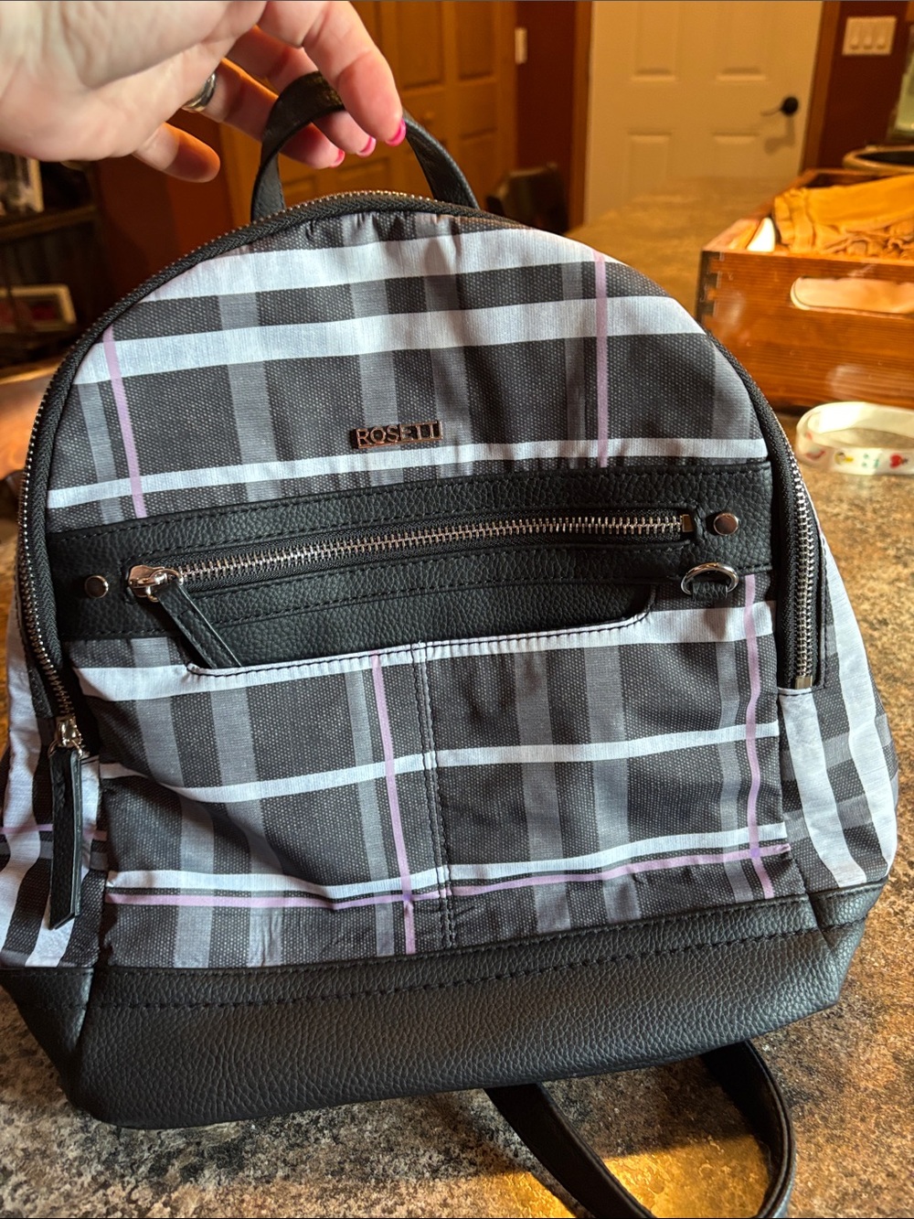 Rosetti Black, Gray & Pink Plaid Mini Backpack